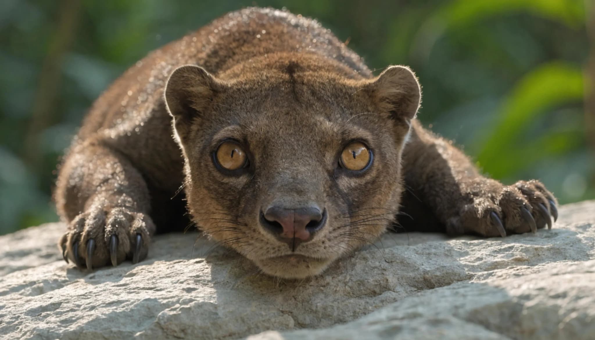 Fossa standing still on a large stone with intense golden eyes staring directly into the camera lens while showing sharp