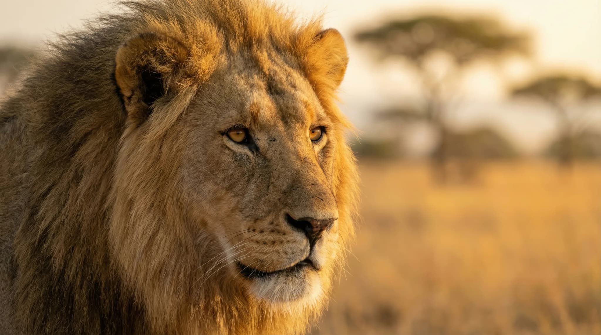 Majestic Male African Lion Portrait in Golden Savannah, Wildlife Safari Animal