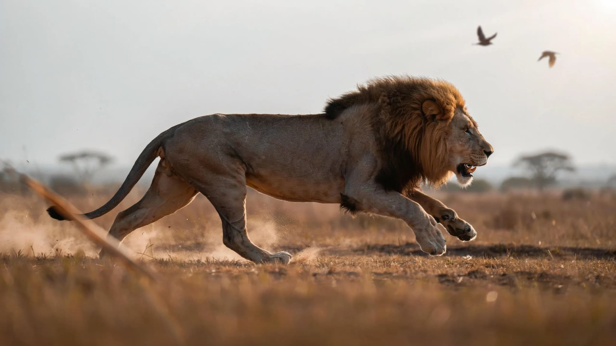 Powerful Male Lion Running Across African Savanna Wildlife Action Close Up