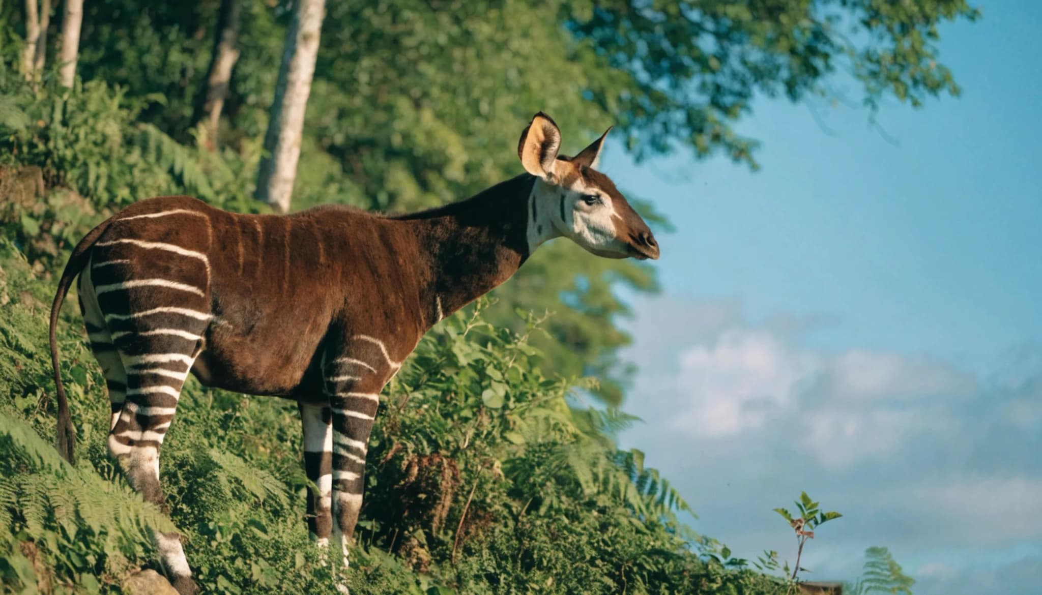 Okapi on a lush green hillside, showing its striped hindquarters