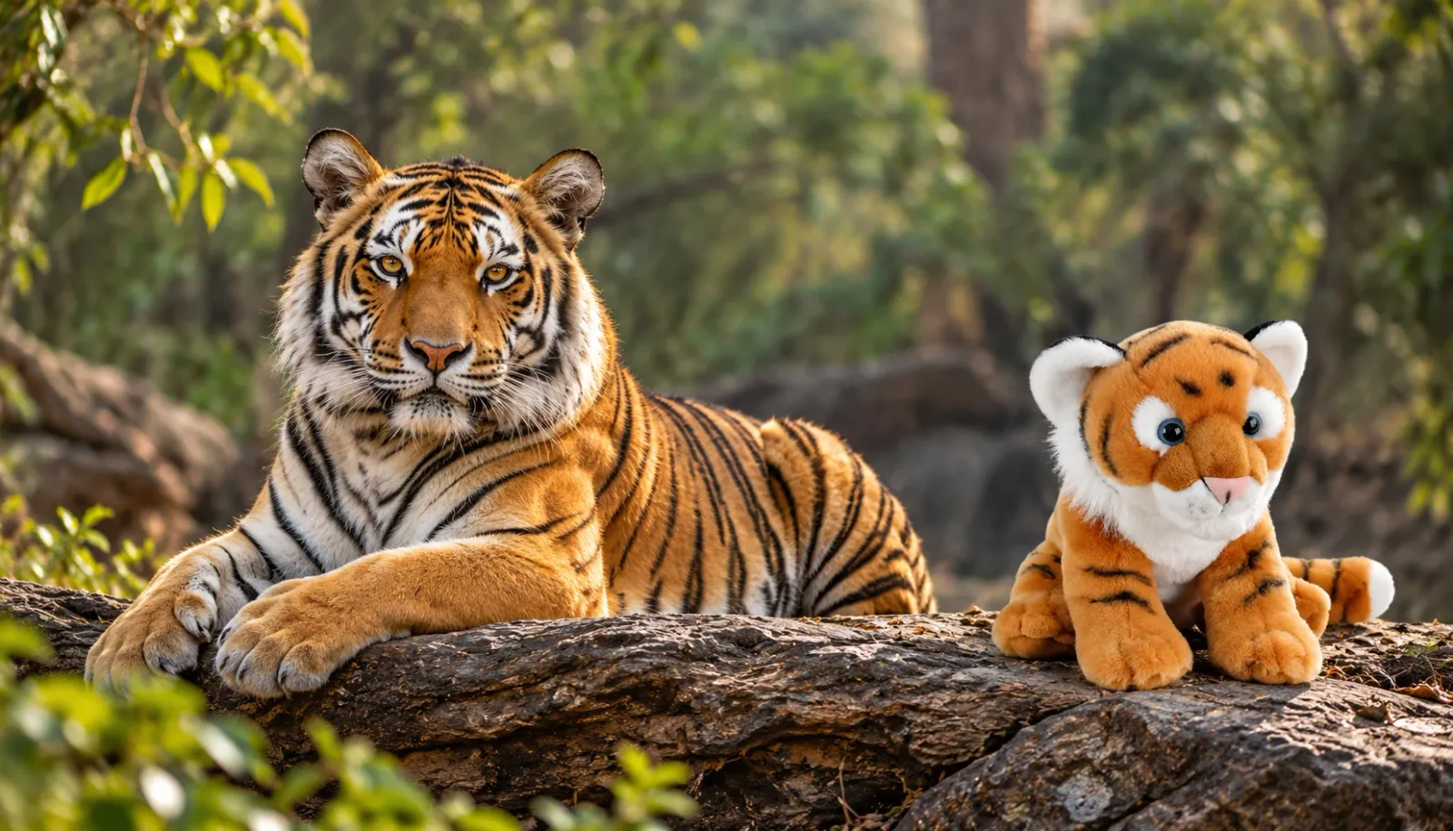 A wild tiger resting on a log beside the tiger plush that comes with a Wildlife Connect adoption