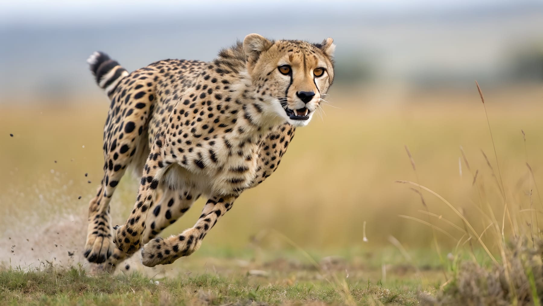 A cheetah at full sprint across open ground