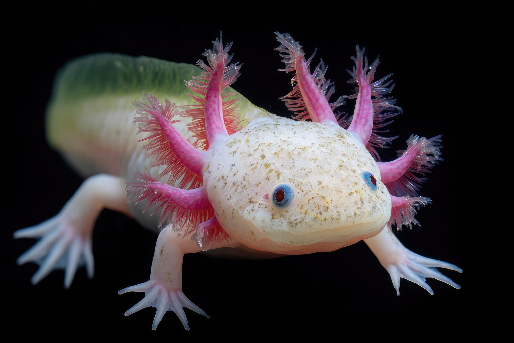 An axolotl underwater showing its external pink gills